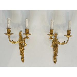 Pair Of Gold Gilt Bronze Sconces. French Work In The Style Of Louis The 15th. Circa 1940