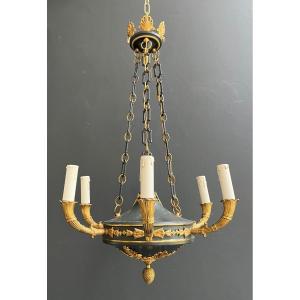 Empire Style Chandelier Made Of Green Sheet Metal And Gilded Bronzes Decorated With Ornaments 