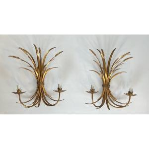 Coco Channel Large Pair Of Gilt Metal Ears Of Wheat Wall Sconces. French. Circa 1970