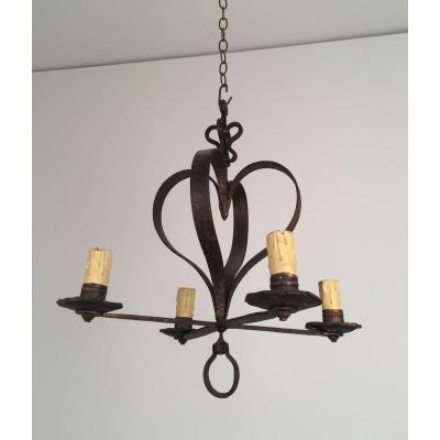 Wrought Iron Chandelier 4 Light For Hearts Around 1940.