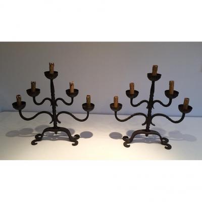 Pair Of Candelabra Wrought Iron Around 1960.