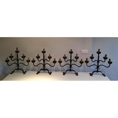 Suite 4 Candelabra Wrought Iron Around 1940. Can Be Sold As A Pair