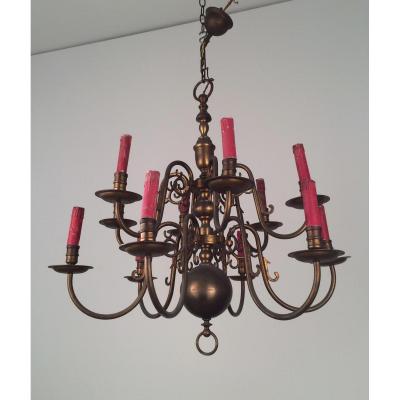 Dutch Style Chandelier In Bronze And Brass Around 1920.