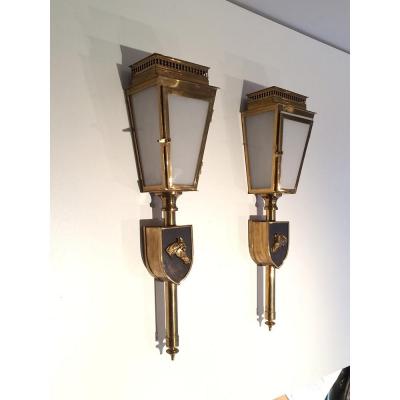 Pair Of Brass And Bronze Horses Wall Lantern. Circa 1950