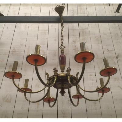 Neoclassical Chandelier In Brass And Red Plexiglas. About 1970