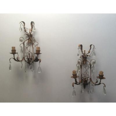 Pair Of Gilded Metal And Crystal Wall Lights. Around 1960