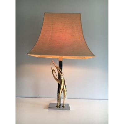 Beautiful Sculpture Lamp Representing Birds. Bronze And Chrome. Around 1970