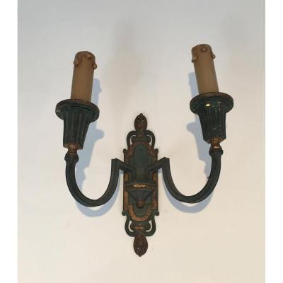 Interesting Pair Of Bronze Wall Lamps With Green And Gold Patina