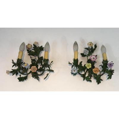 Pair Of Patinated Iron Wall And Porcelain Flowers. Around 1960