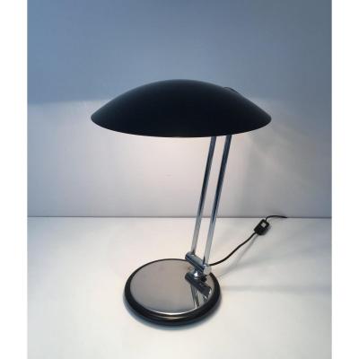 Design Adjustable Chrome And Black Lacquered Desk Lamp. Circa 1970