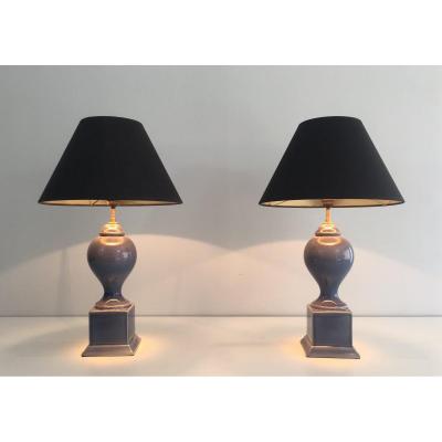 Pair Of Blue Ceramic Baluster Table Lamps. French. Circa 1970