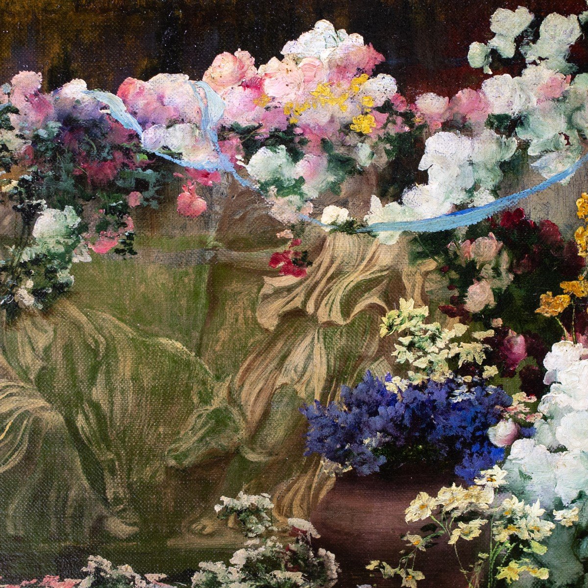 Oil Painting On Canvas, "romantic Garden," By Enrique Serra, Signed, Late 19th Century-photo-2