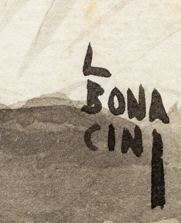 Aquarelle sur papier, par Luciano Bonacini, "I bombardamenti", signée, années 1930/40-photo-4