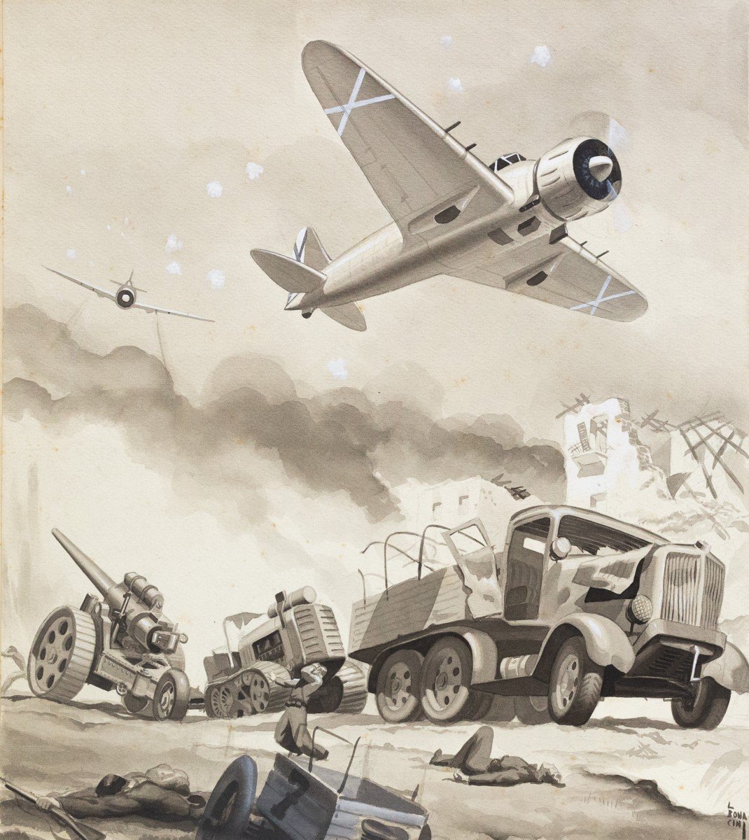 Watercolor On Paper, By Luciano Bonacini, "i Bombardamenti," Signed, 1930s/'40s