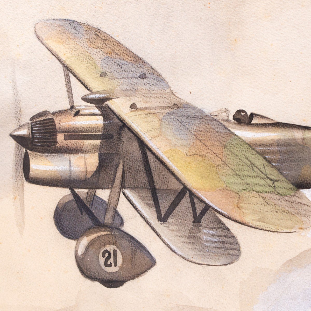 Mixed Media On Paper, By Luciano Bonacini, "single-seat Fighter Plane," Signed, 1930s/'40s-photo-3