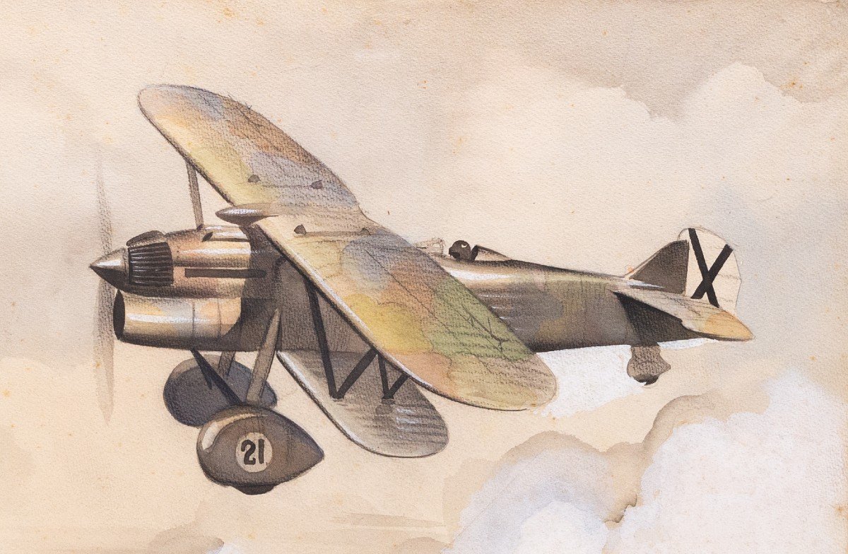 Mixed Media On Paper, By Luciano Bonacini, "single-seat Fighter Plane," Signed, 1930s/'40s-photo-1