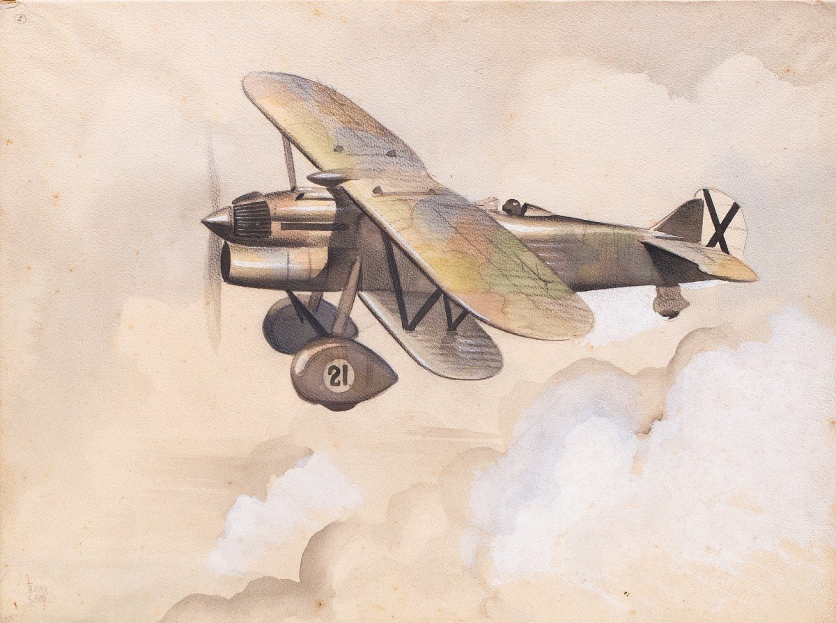 Technique mixte sur papier, de Luciano Bonacini, "Avion de chasse monoplace", signé, '30