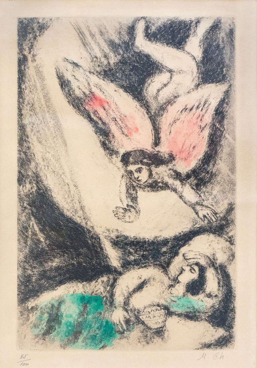 Gravure, "La Vision de Salomon", de Marc Chagall, signée, 1956, 85/100