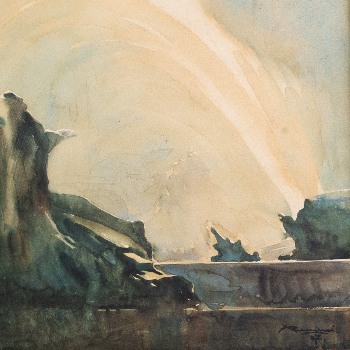 Watercolor On Paper, By Ernesto Giuliano Armani, "the Fountain," 1927-photo-1