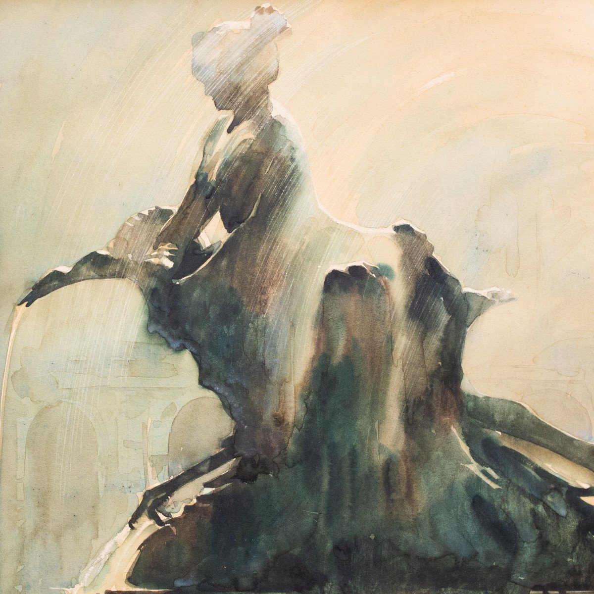 Watercolor On Paper, By Ernesto Giuliano Armani, "the Fountain," 1927-photo-2