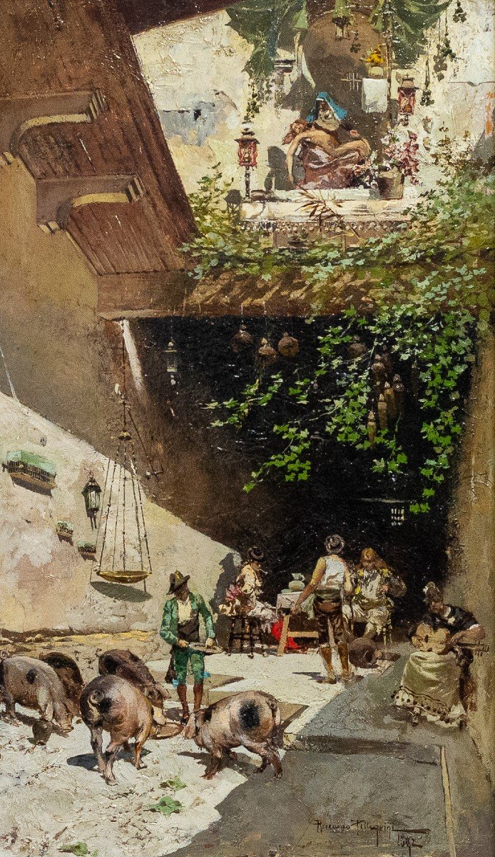 Oil On Panel, By Riccardo Pellegrini, "genre Scene," Signed, 1892