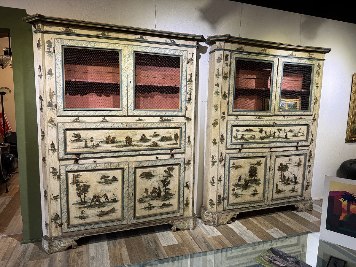 Pair Of Venetian Style Bookcases/showcases In Arte Povera, Epoch '700