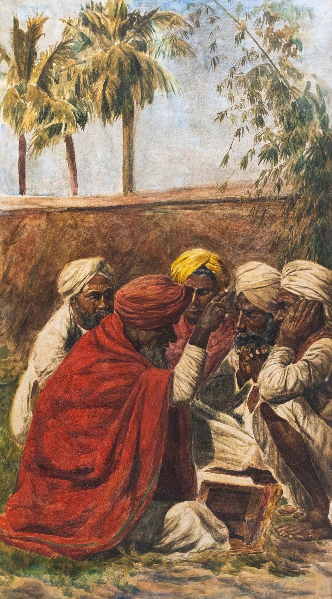 Paire De Grandes Aquarelles Sur Papier, Par Eusebio Scribante, "scènes Orientalistes", 19e Sièc-photo-2