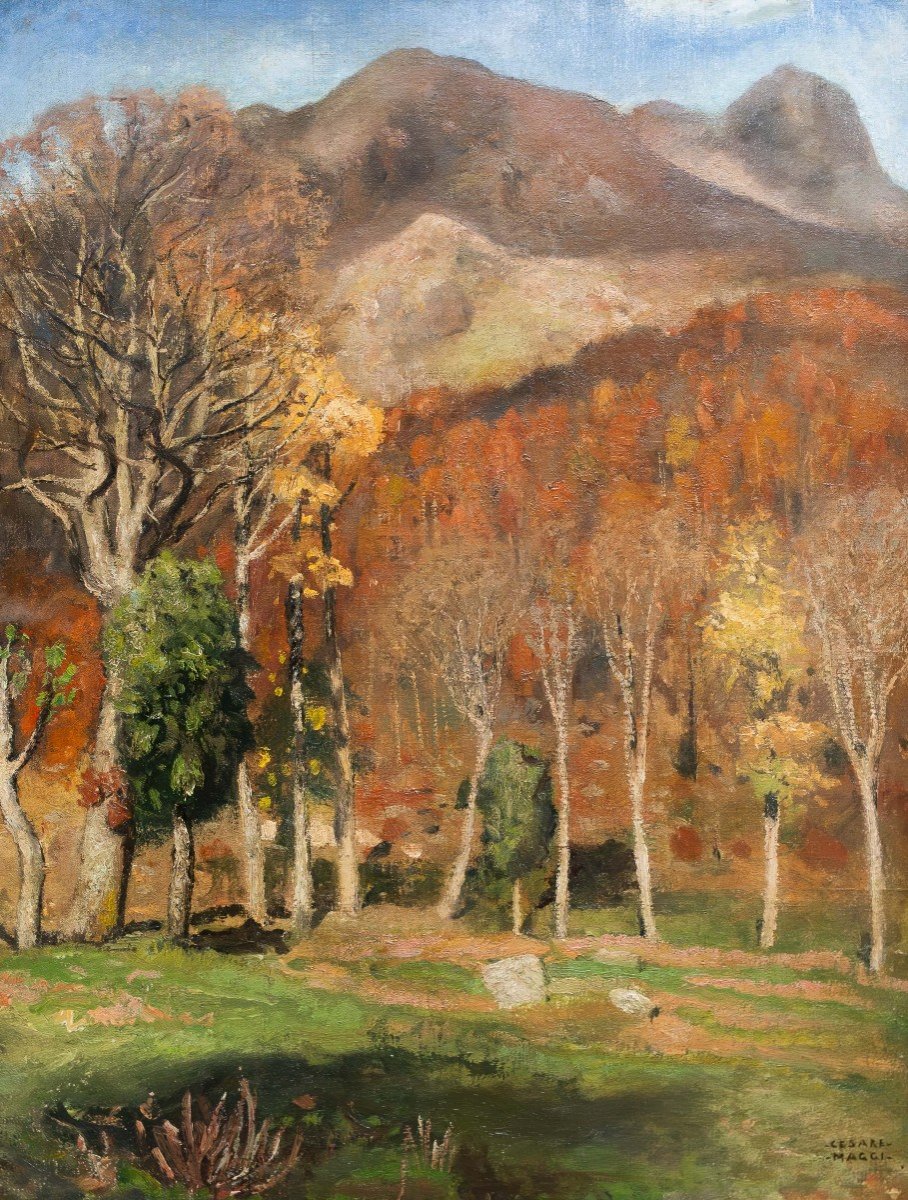 Oil On Canvas, "autumnal Landscape," Cesare Maggi, 1900s Era, Signed