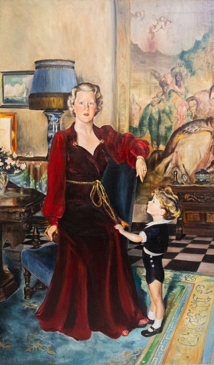 Large Oil Painting On Canvas, "nobildonna And Child," Signed, 1940s