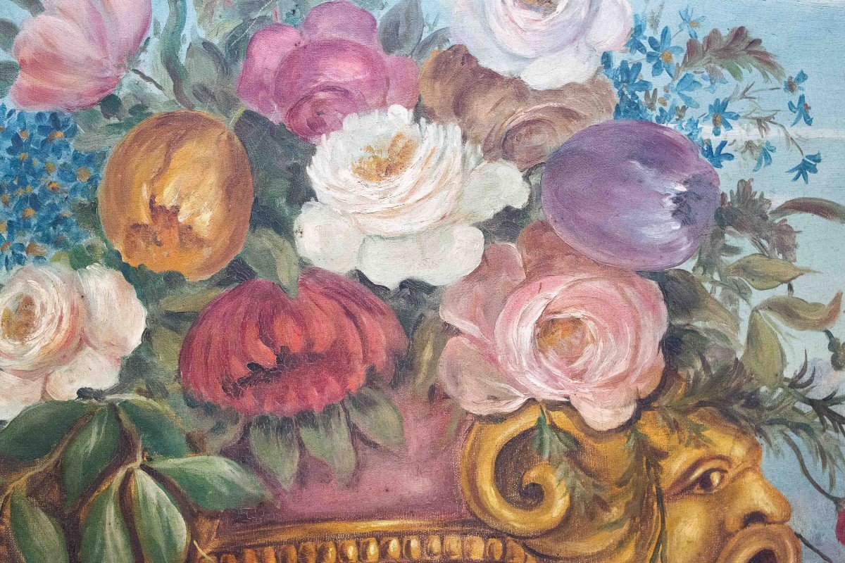Large Painting, "still Life With Flowers," By Avandero Filippo, 1900s Era-photo-3