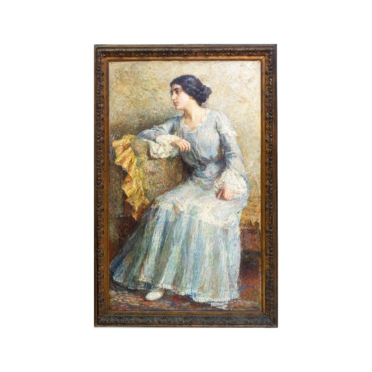 Large Painting By Alessandro Battaglia, "dama," Oil On Canvas, 1904, Signed-photo-2