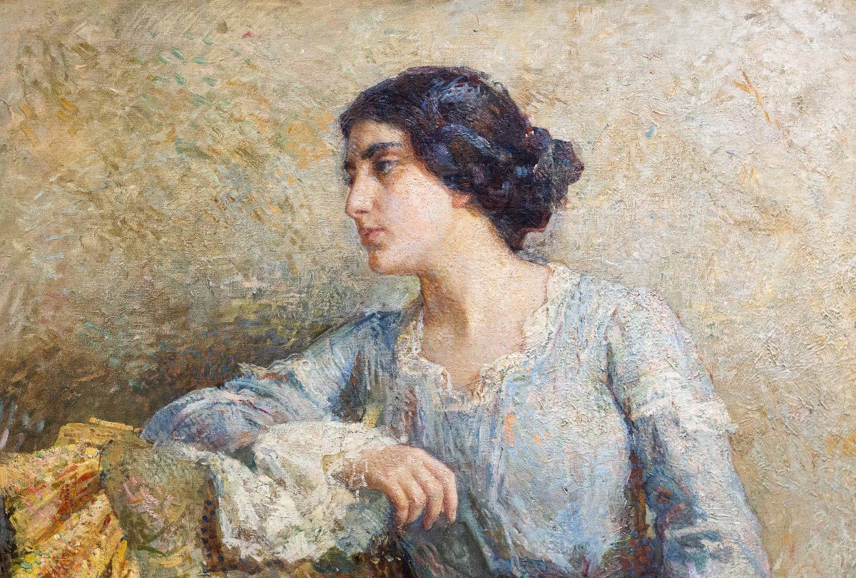 Large Painting By Alessandro Battaglia, "dama," Oil On Canvas, 1904, Signed-photo-1