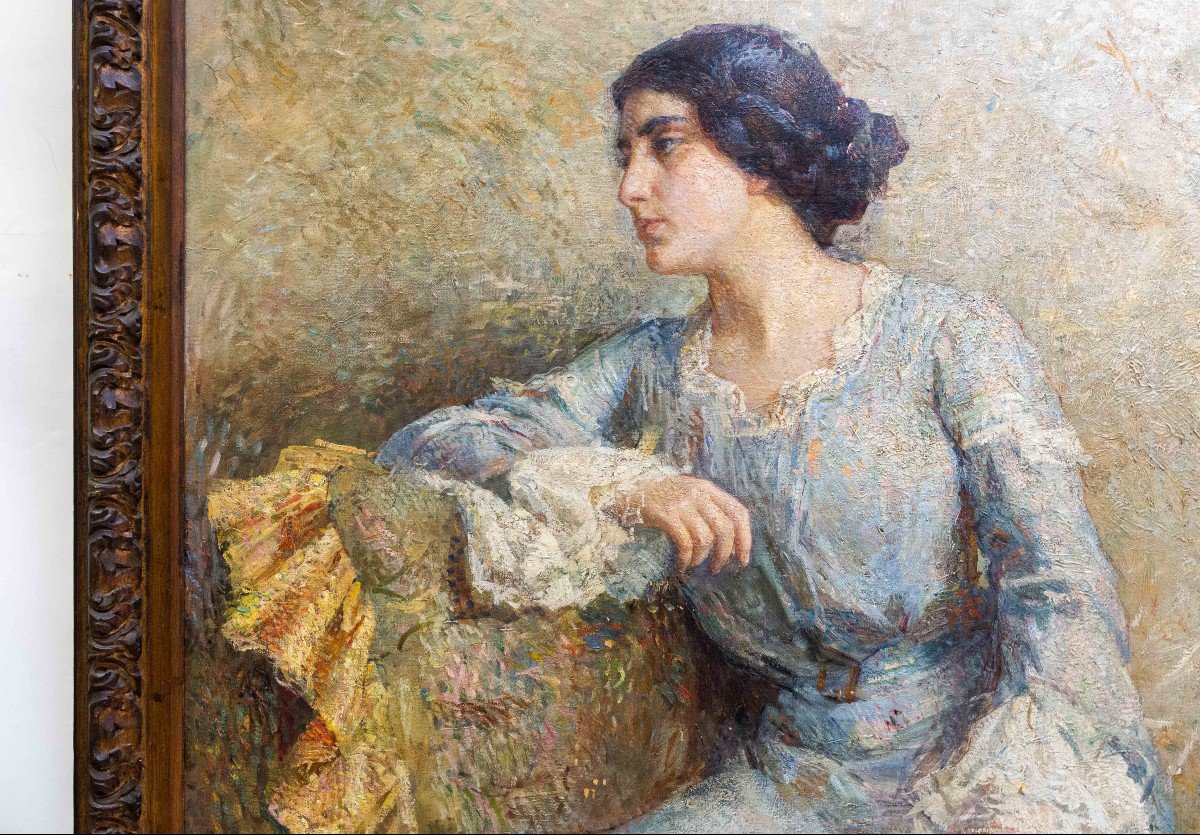 Large Painting By Alessandro Battaglia, "dama," Oil On Canvas, 1904, Signed-photo-2