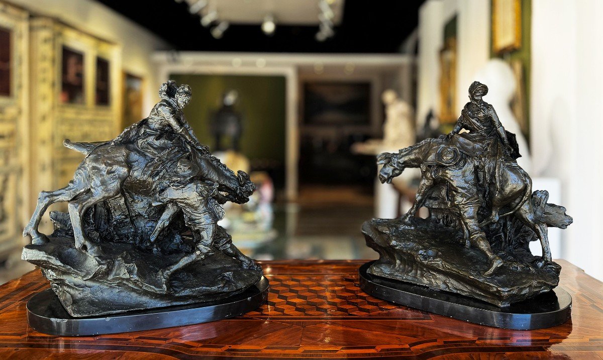 Pair Of Bronze Sculptures By A. Moriggi, Venice, "percorso Tortuoso," Early 20th Century