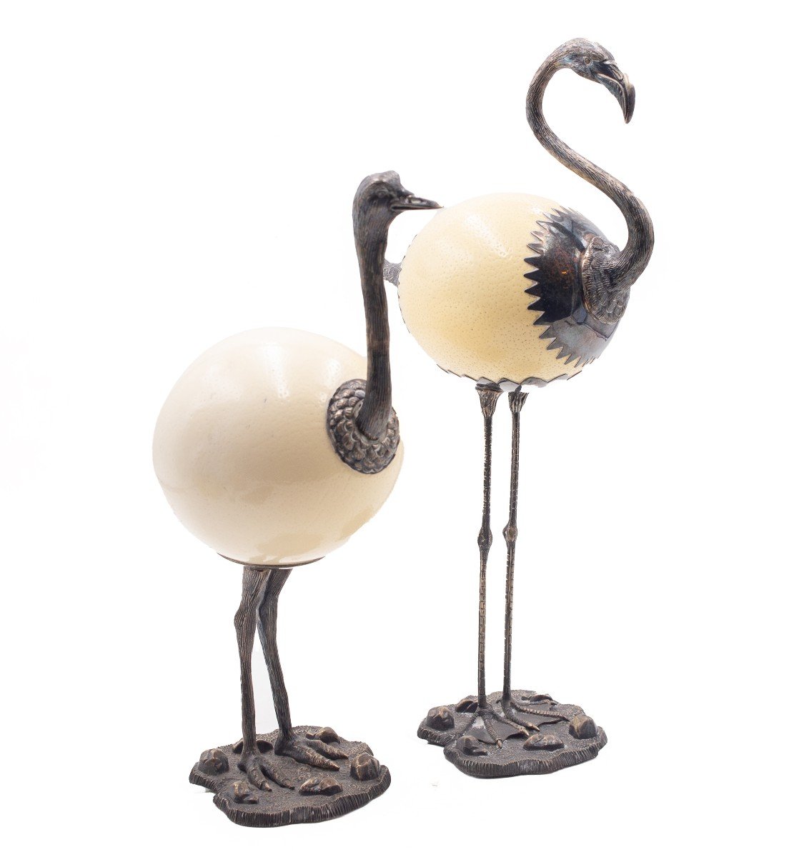 Rare Egg And Silver Sculptures "ostrich And Flamingo," Ranzoni Milan, 1960s/'70s-photo-2