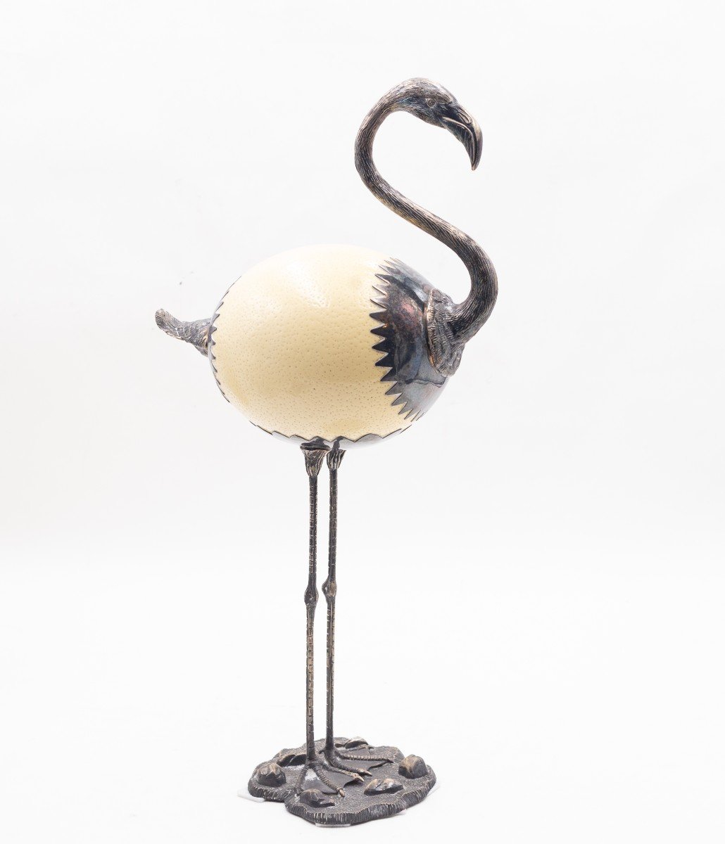 Rare Egg And Silver Sculptures "ostrich And Flamingo," Ranzoni Milan, 1960s/'70s-photo-4