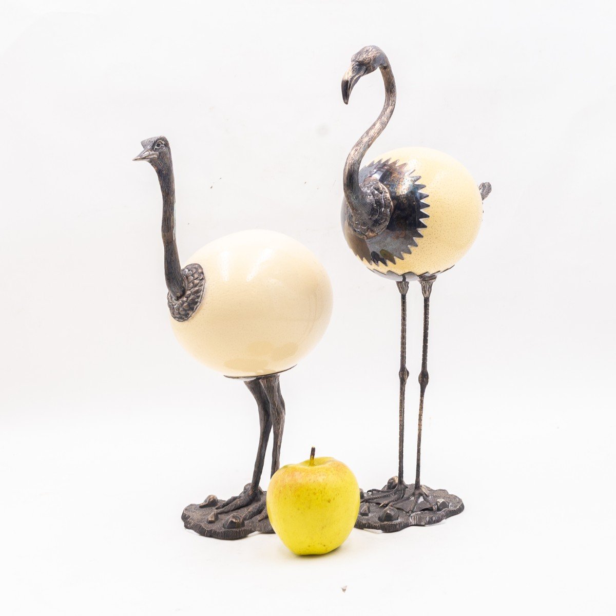 Rare Egg And Silver Sculptures "ostrich And Flamingo," Ranzoni Milan, 1960s/'70s-photo-8