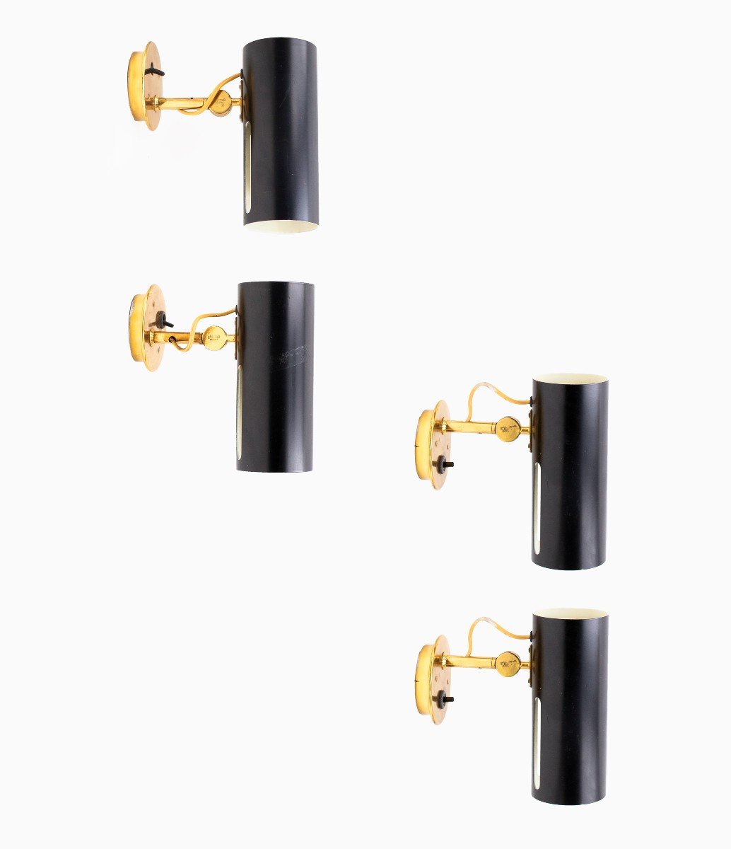 Stilnovo, Group Of 4 Adjustable Brass Design Lamps, Branded, 1960s