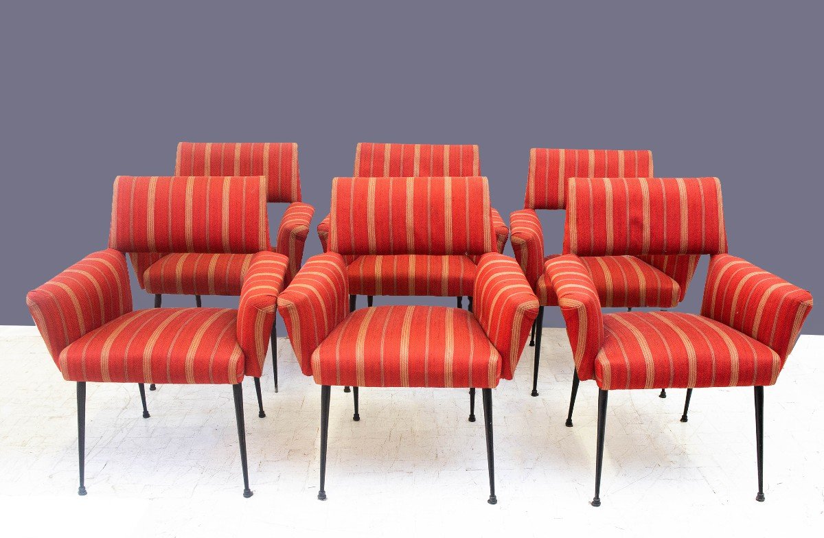 Set Of Six Designer Armchairs With Original Red Upholstery, 1950s -photo-1