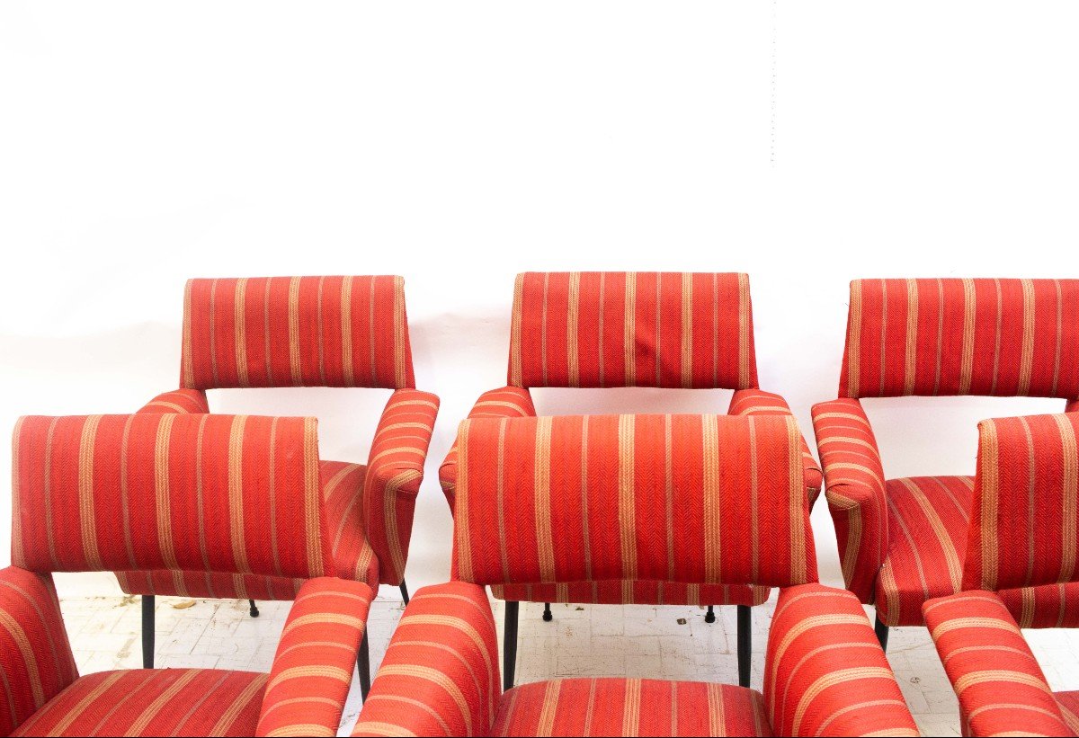 Set Of Six Designer Armchairs With Original Red Upholstery, 1950s -photo-2