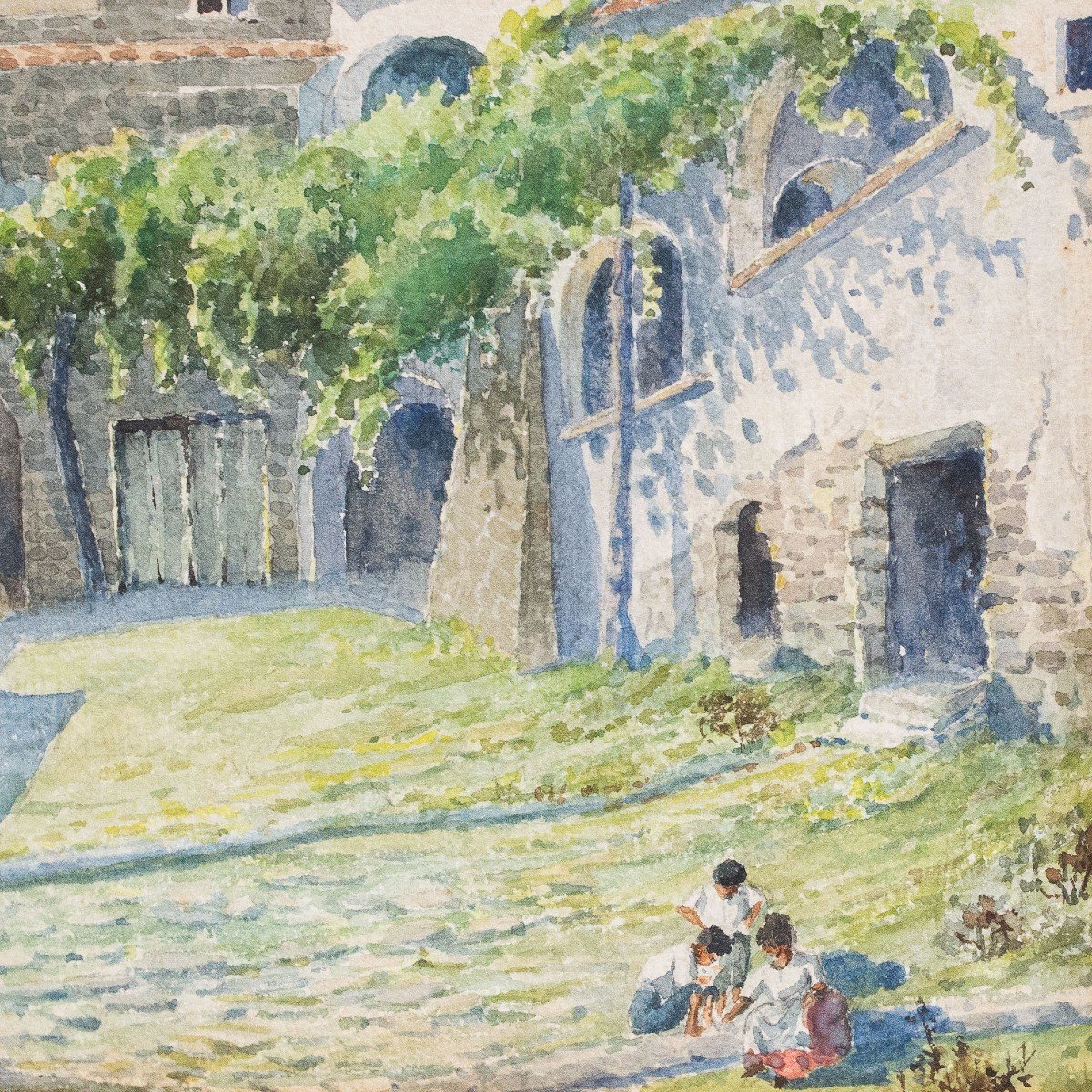 Giovanni Brancaccio, " Games Of Children," Signed, Watercolor On Cardboard, 1900s Era-photo-2