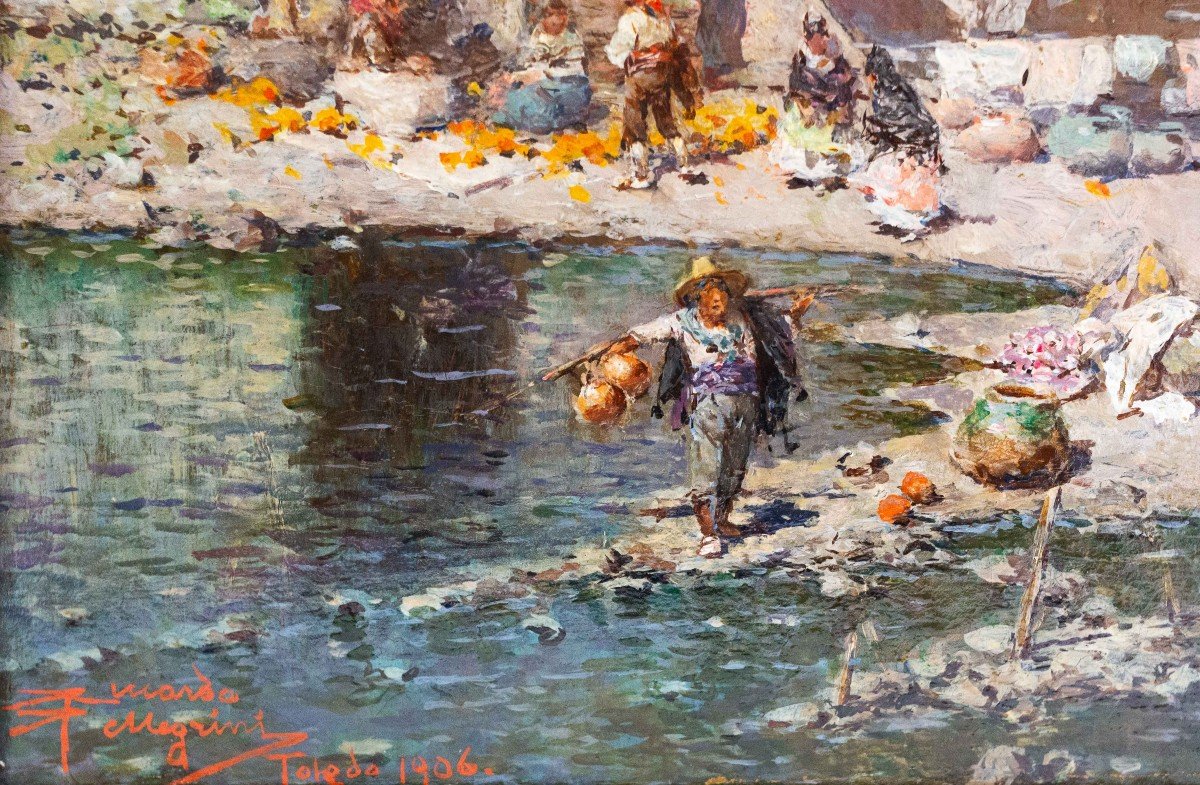 Oil On Panel, By Riccardo Pellegrini, "toledo," Signed And Dated 1906-photo-6