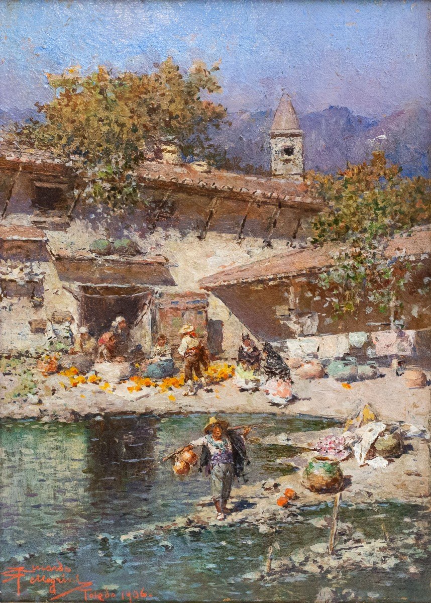 Oil On Panel, By Riccardo Pellegrini, "toledo," Signed And Dated 1906