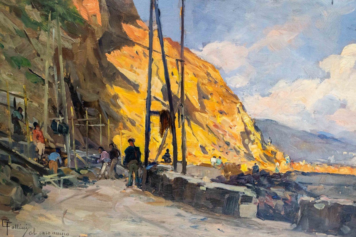 Carlo Follini "Portofino", huile sur panneau, signée, Début du 20e siècle-photo-3