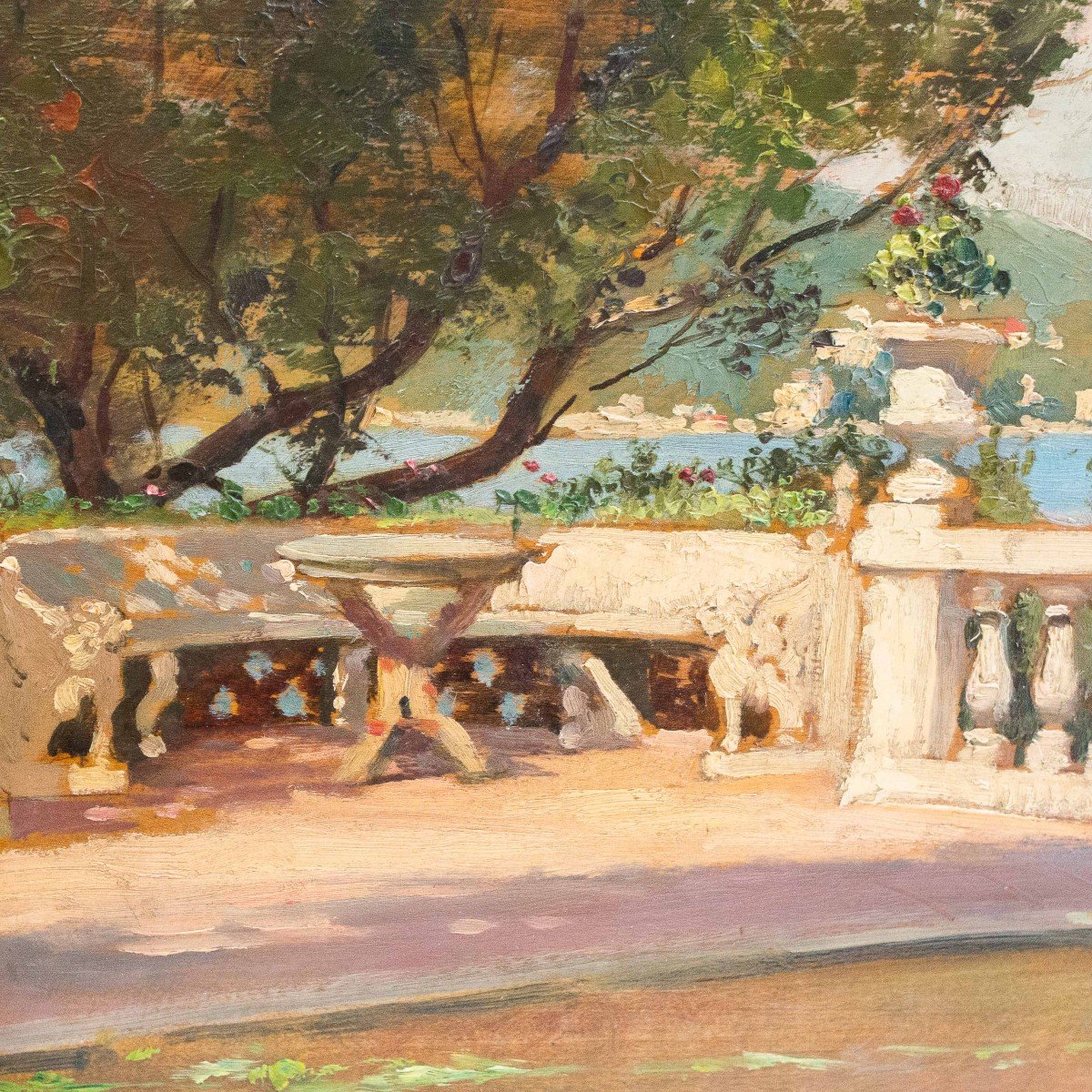Alberto Rossi, Oil On Panel, "terrace On Lake Maggiore," Signed, 1920-photo-5