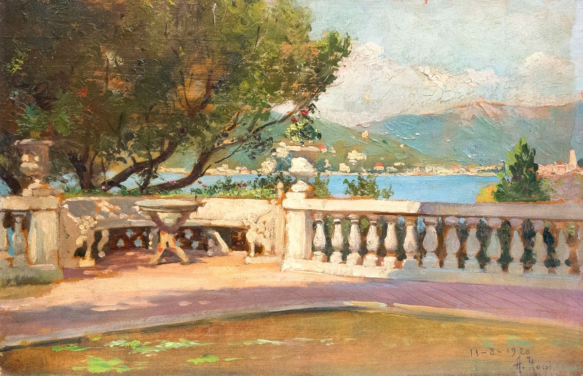 Alberto Rossi, Oil On Panel, "terrace On Lake Maggiore," Signed, 1920