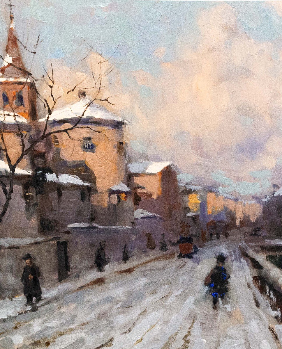 Ivan Karpoff, "Neige en ville", huile sur panneau, signée, époque 20e siècle-photo-2