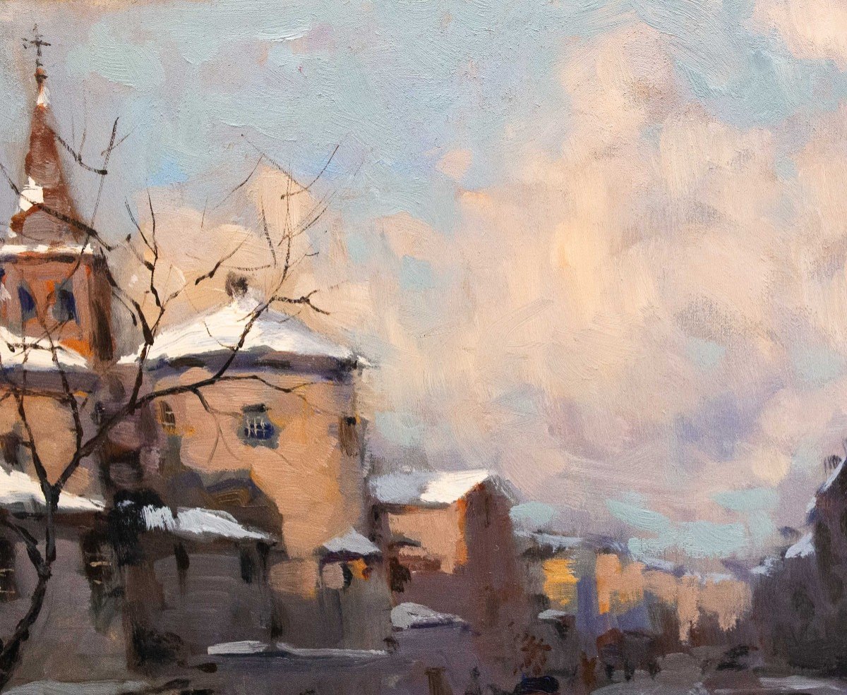 Ivan Karpoff, "Neige en ville", huile sur panneau, signée, époque 20e siècle-photo-3