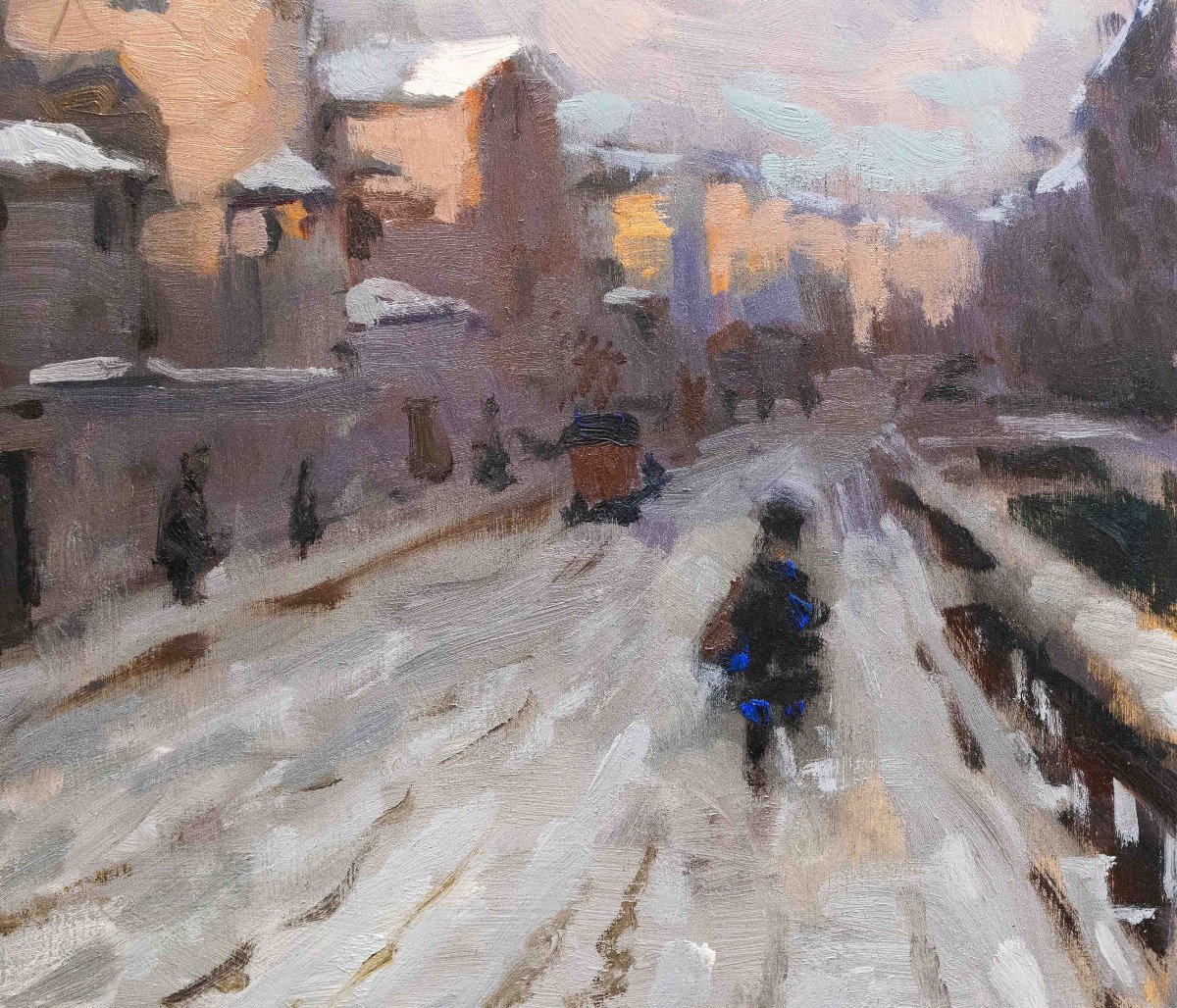 Ivan Karpoff, "Neige en ville", huile sur panneau, signée, époque 20e siècle-photo-7