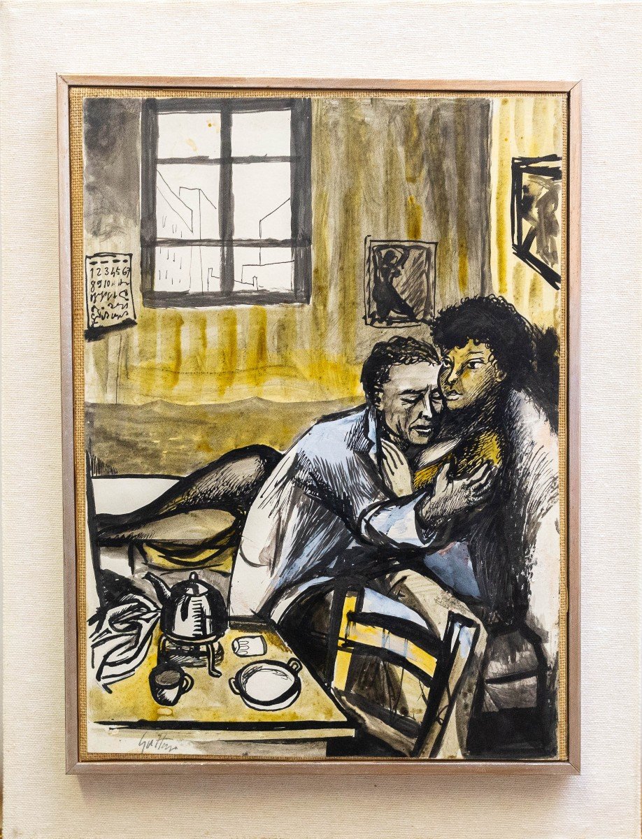 Renato Guttuso, "amanti," Gouache On Canvas-backed Paper, Signed, 1960-photo-2